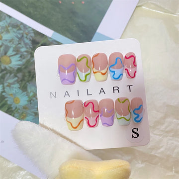 Qfdian 10pcs Handmade Colorful French Press on Nails Macarone Puzzle Design Fake Nails False Manicure Decoration Full Cover Finger Tips